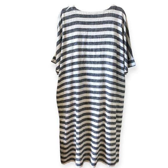 Linen Cotton Striped Caftan Maxi Dress Batwing Pockets Oversized OSFM 32” x 45” - Picture 8 of 16